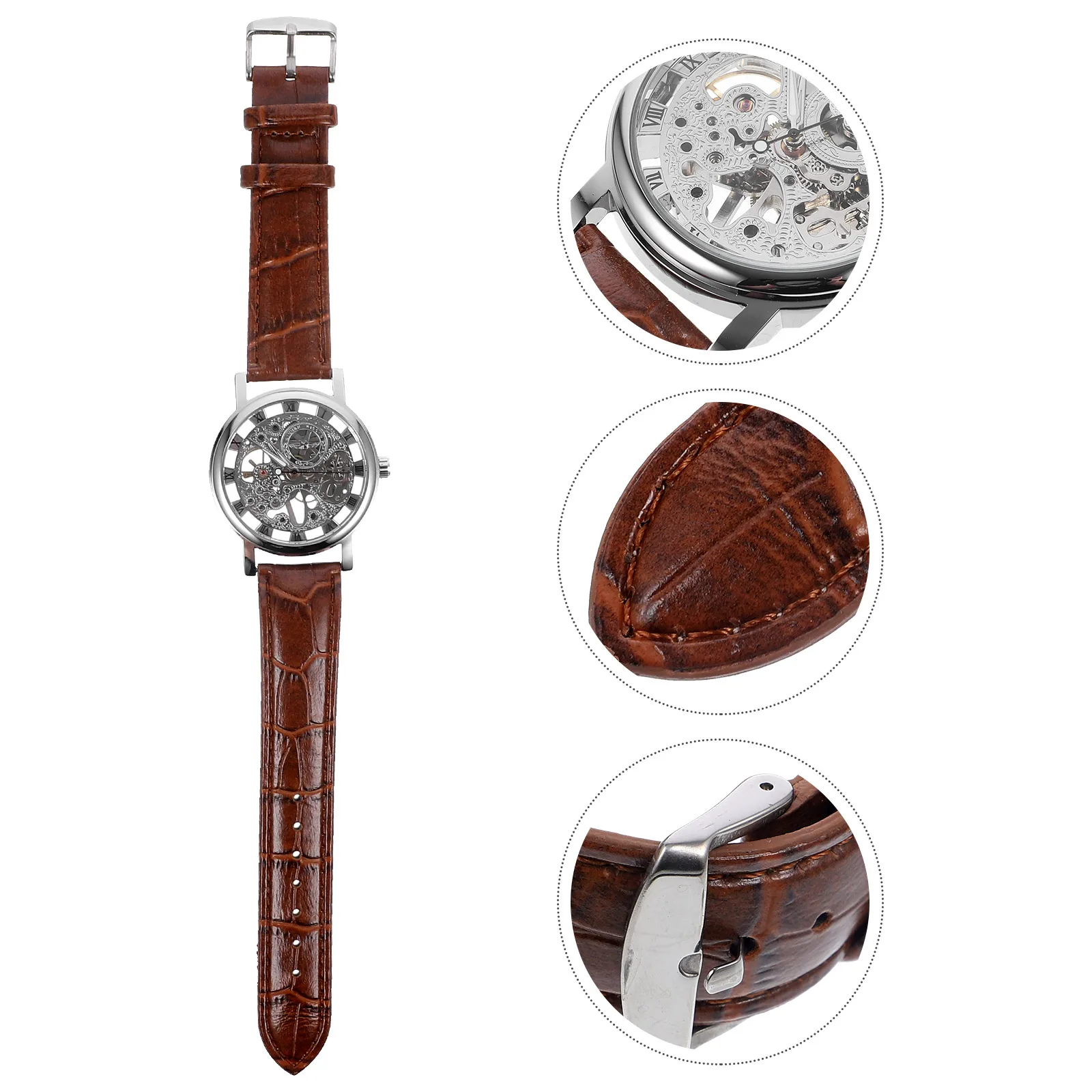 

Winner 036 Men'S Manual Mechanical Watch Hollow-Out Round Dial Silver+Brown Pu Band Alloy Stainless Steel Precise Movement