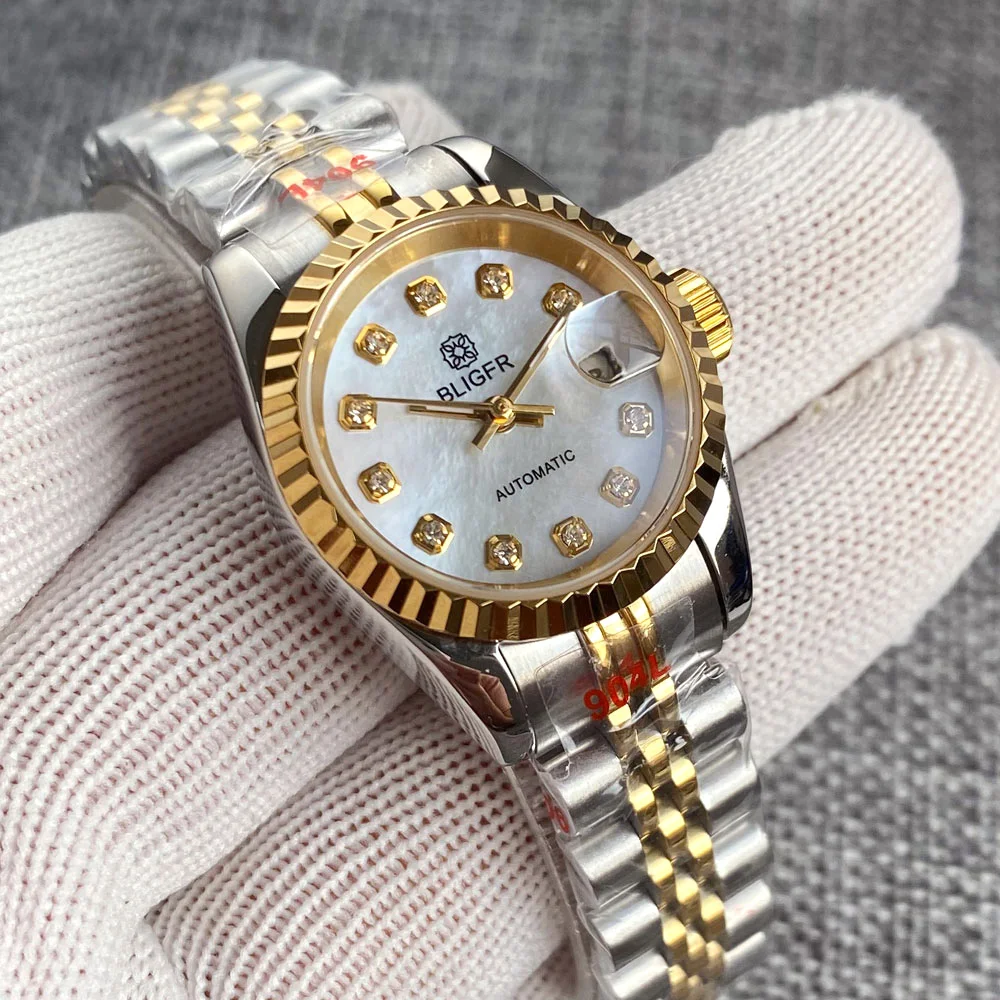 BLIGER Diamond Index 26mm NH05 Automatic Womens Watch Sapphire Glass Silver Gold Shell Dial Steel Bracelet Ladies Watch