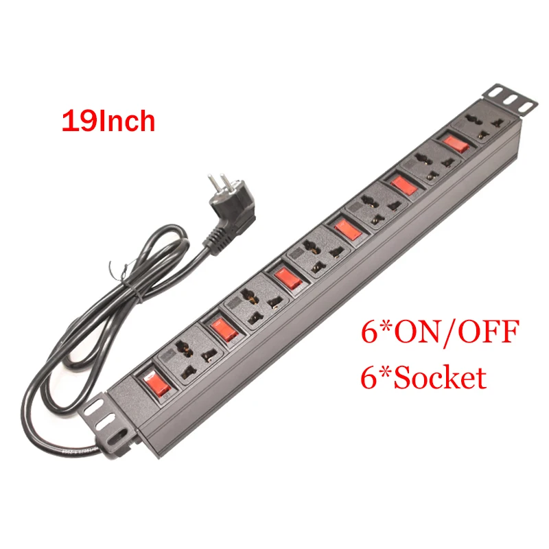 19inch 1U Network Cabinet Rack Power Strip Independent Switch 6ON/OFF 6Ways Universal Socket Power Distribution Unit