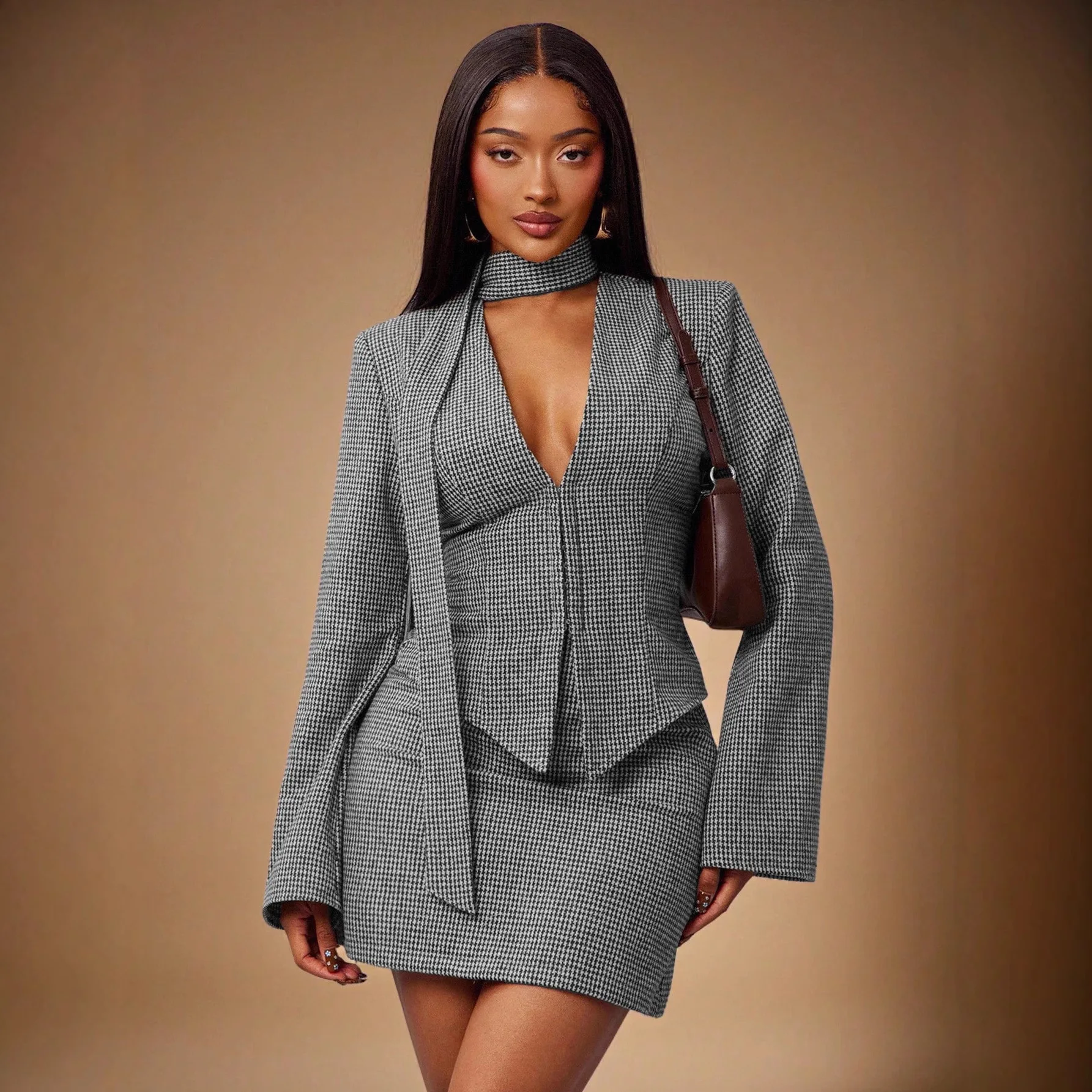 

YYAHAHAS Women's Casual Blazer Set V-Neck Scarf Detail Long Sleeve Two Piece Outfit Elegant Workwear