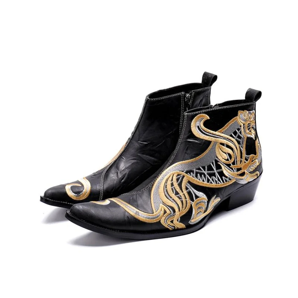 

Black Embroider Printing Zipper Genuine Leather High Heels Pointed Toe Boots Male Plus Size Fashion Party British Style Shoes