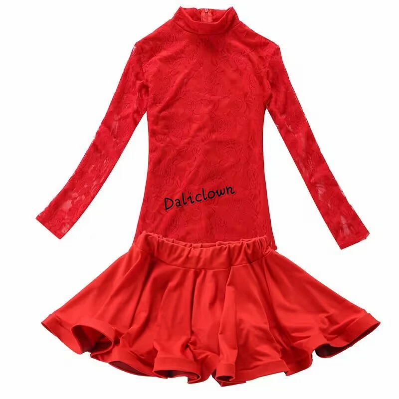 Latin Dance Dress For Girls Short Long Sleeve Lace Standard Ballroom Dancing Dress Skirt Kid Performance Wear Tango Salsa Dress