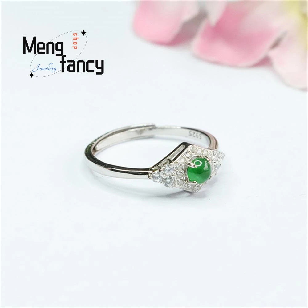 S925 Silver Inlaid Natural Jadeite Exquisite Elegant Charm High-grade Ice Type Imperial Green Finger Ring Couple Fashion Jewelry
