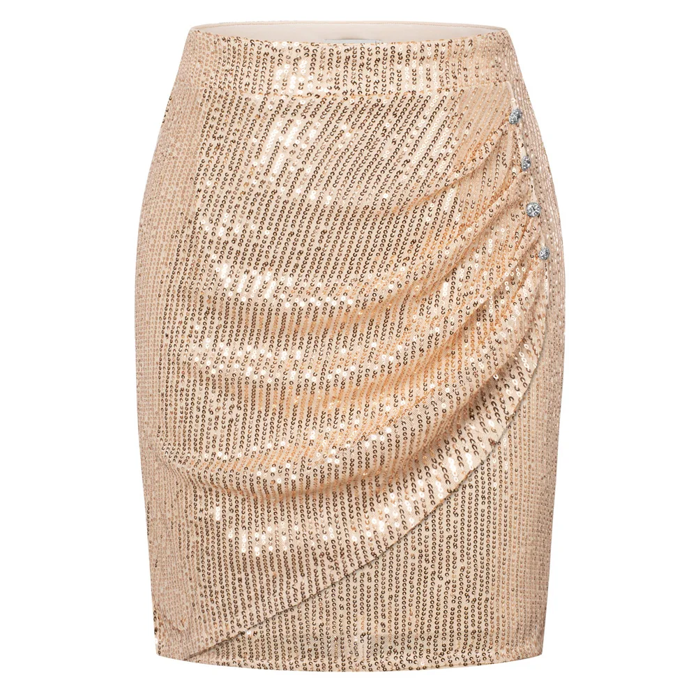 GK Women Charming Sexy Sequined Mini Skirt Party Skirt Elastic Waist Above Knee Ruched Bodycon Skirt Black/Silver/Wine/Apricot