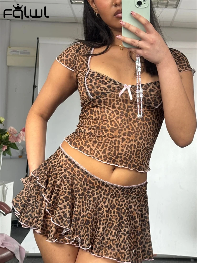 Habbris Summer Leopard Print Ruffles 2 Piece Set Y2K Vintage Party Outfits For Women 2024Sexy Mesh Bows Crop Tops Mini Skirt Set