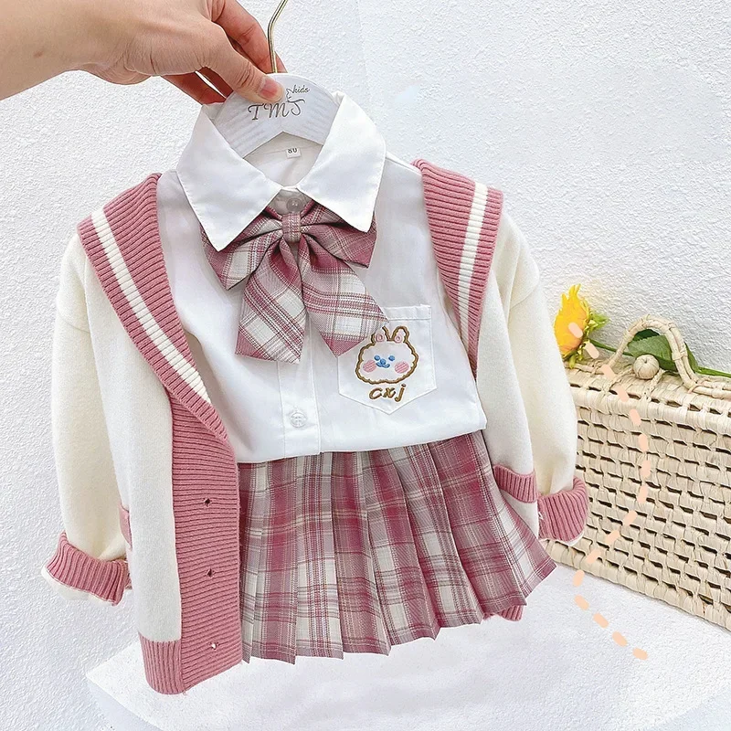 Setelan Sweater anak perempuan, pakaian butik anak perempuan, mantel Sweater gaya kuliah, kardigan musim gugur 2023