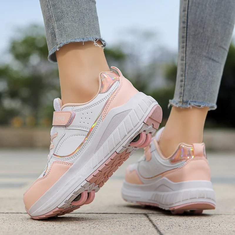 

Детская обувь для катания на роликовых коньках с деформацией баланса, 4-колесная обувь для катания на роликовых коньках, спортивная обувь на колесах для гонок двойного назначения