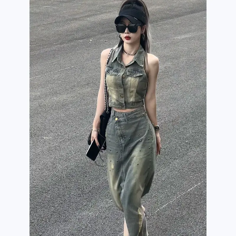 Retro Denim Vest Female High Waist Split Temperament Long Skirt Summer Fashion Online Celebrity Fried Street Casual Skirt Suit .