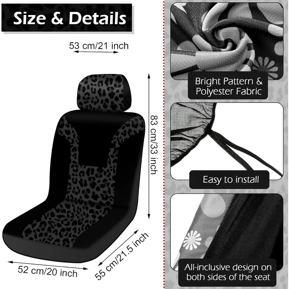 طقم إكسسوارات سيارة مكون من 13 قطعة بطبعة جلد الفهد مع أغطية مقاعد وغطاء عجلة القيادة والسجاد والمزيد للديكور الأنيق #4