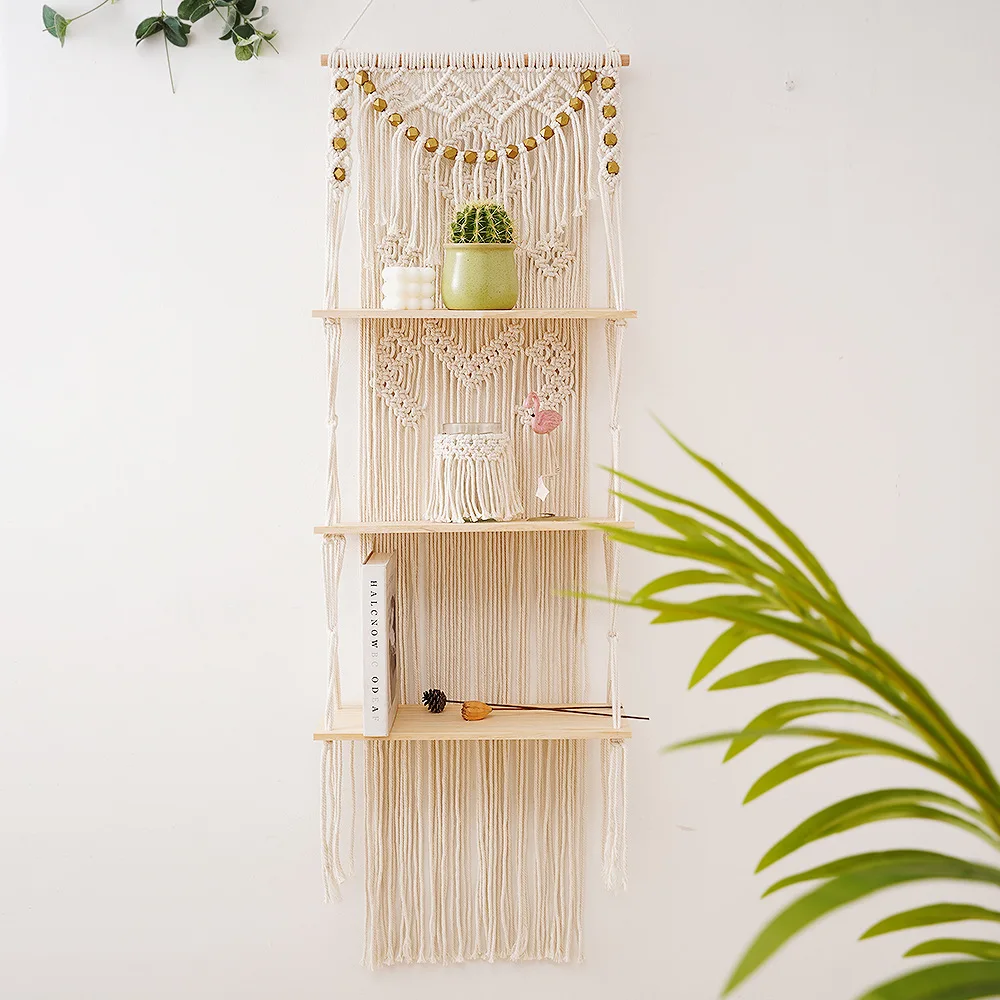 3-Tier Macrame Handwoven Cotton Cord Hanging Wall Shelf with Golden Beads Bohemian Wall Decor for Plants Books Small Ornaments