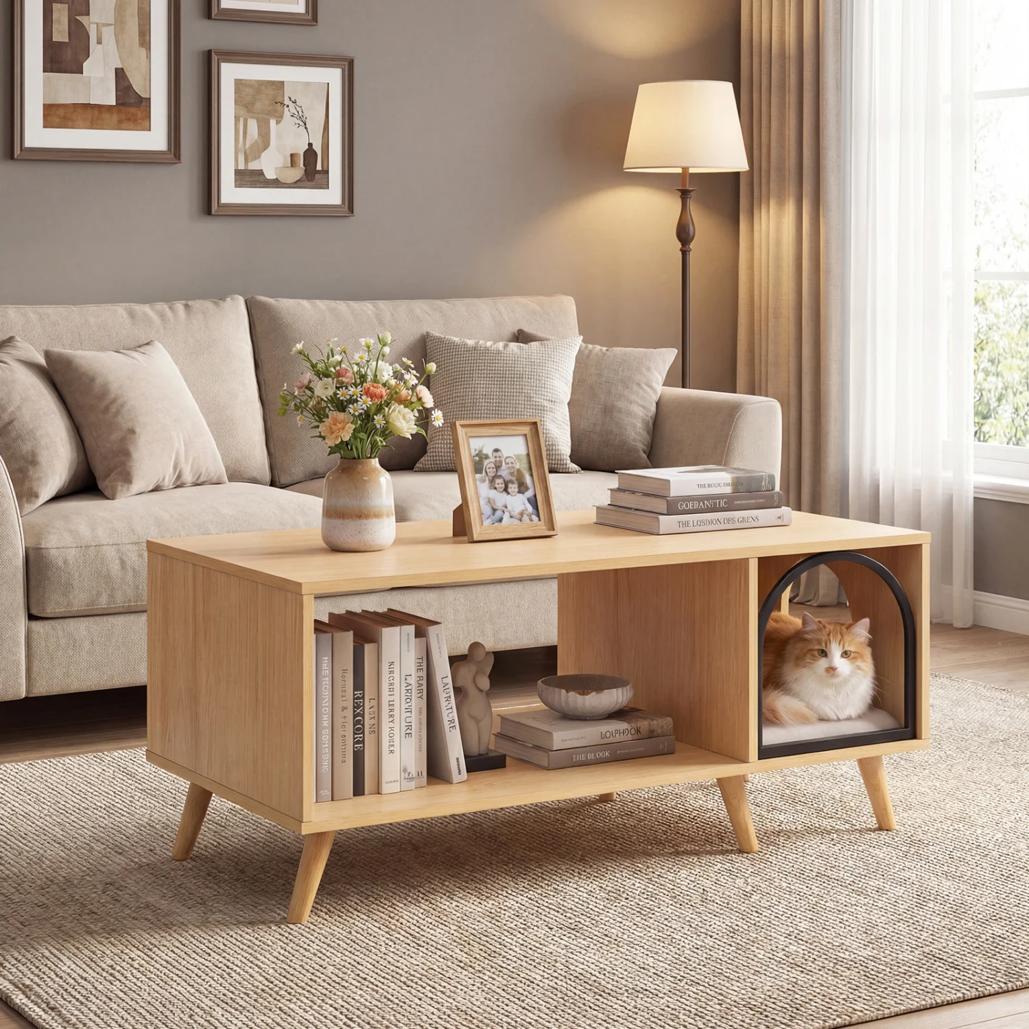 

40 Inch Coffee Table Cat House 2-in-1 Wooden Kitten Furniture with Open Storage Shelf-Natural