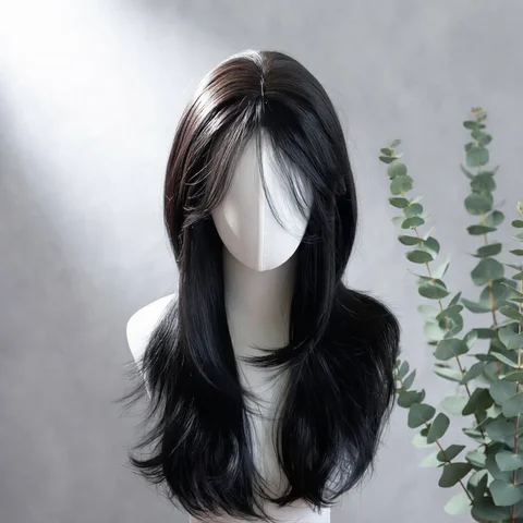Wig Ashely Black Wig Female Headband Body Wavy Rose Hair Net Models in French Bangs High Quality Simulation Hair Synthetic Wig 가발