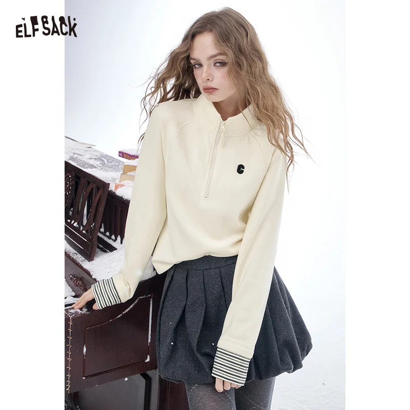 

ELFSACK 2025, зимние новые поступления, элегантная минималистичная классическая однотонная футболка на молнии с половиной высокой горловины и вышивкой в полоску с отделкой для W