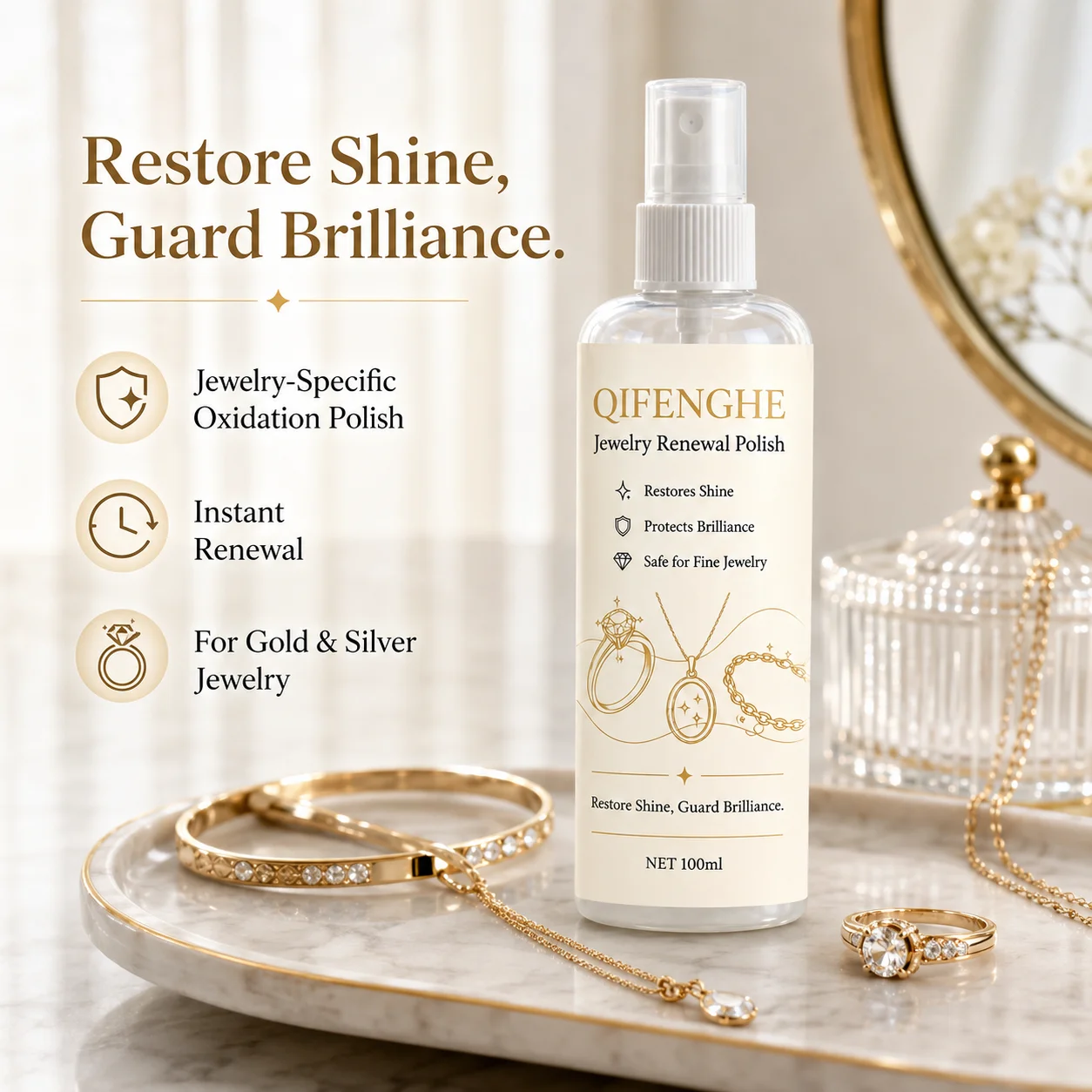 Quick Jewelry Polish Spray, Anti-Oxidation Tarnish Remover for Rings Necklaces Bracelets, Long-Lasting Shine 100ml