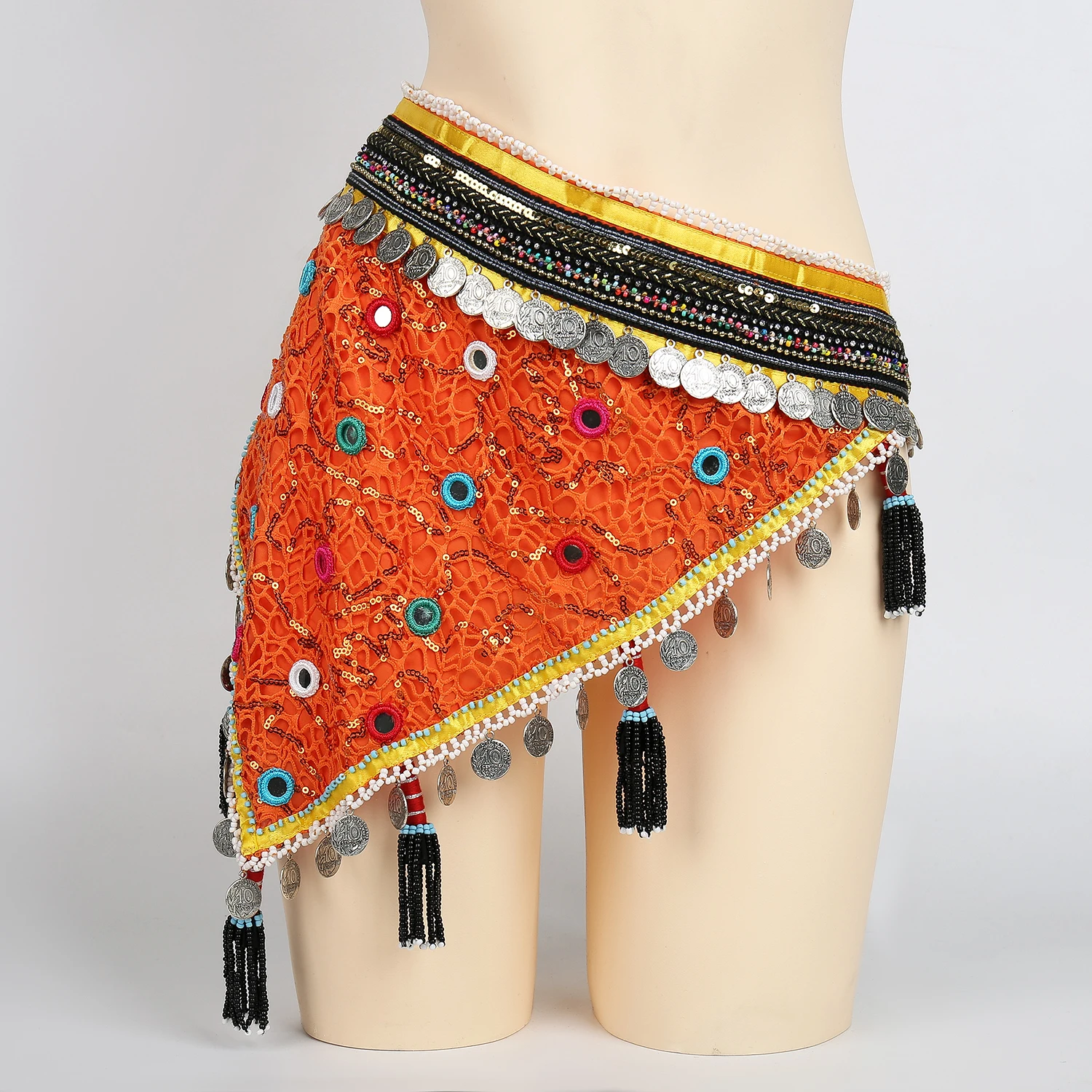 

Afghani Kuchi Tribal Belly Dance Triangle Belt Beaded Fringes ATS Disc Floral Hips Wrap with Shisha Mirror