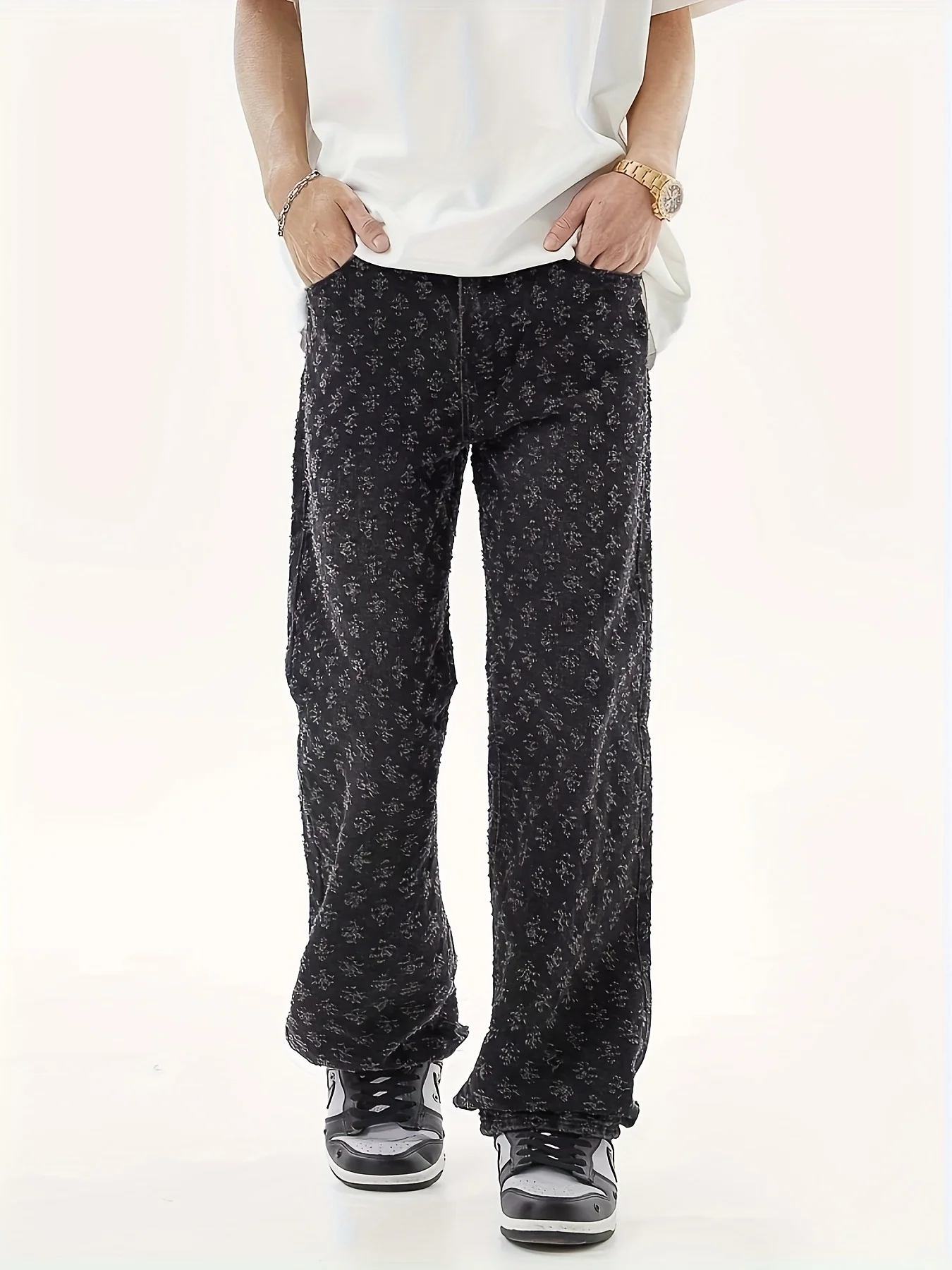 

Men's Washed Jeans with Full Print, Summer American Retro Hip-Hop Trendy Brand, Cool Street Style Straight-Leg Flared Pants