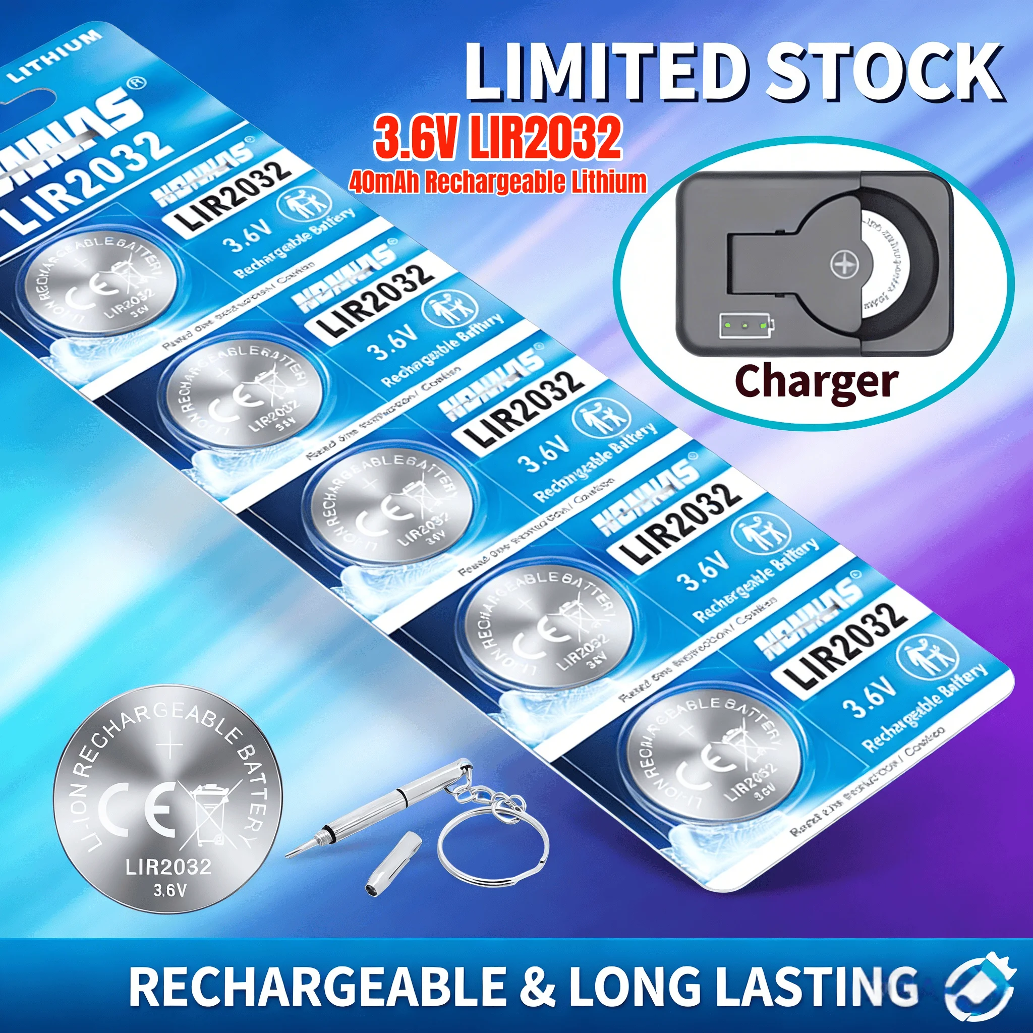 

LIR2032 3.6V 40mAh Rechargeable Lithium Coin Battery, CR2032 Button Cell for Watch Remote Control Mini Electronics(1-10PCS)