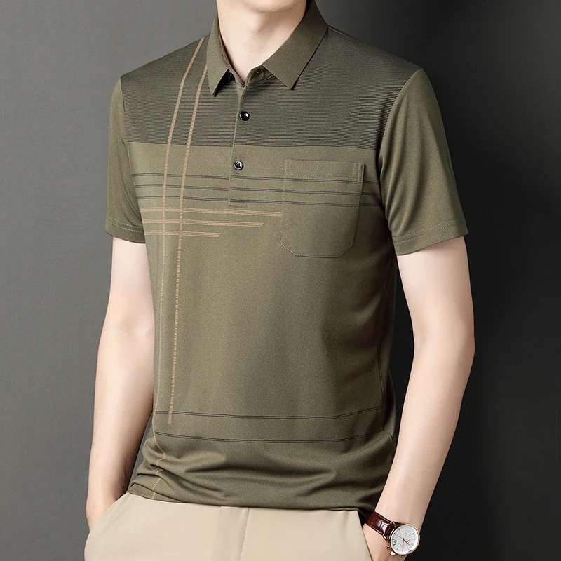 Summer New Men\'s Color Blocking Polo Shirt Pocket Button Up T-shirt Casual Slim Fit Comfortable Short Sleeved Breathable Top