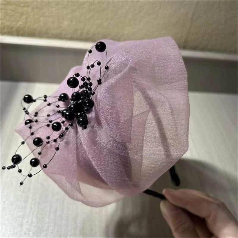 39BC Tulle Ruffle Headband Beaded Half Hat for Women Girl Aesthetic French Fascinator Hairhoop for Evening Party Hair Styling