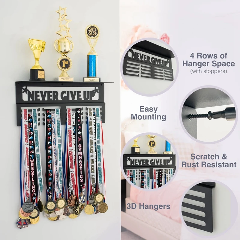 Never Give Up Medal Hanger Display With Shelf - Easy Install Carbon Steel Trophy And Medal Display Shelf,B Durable