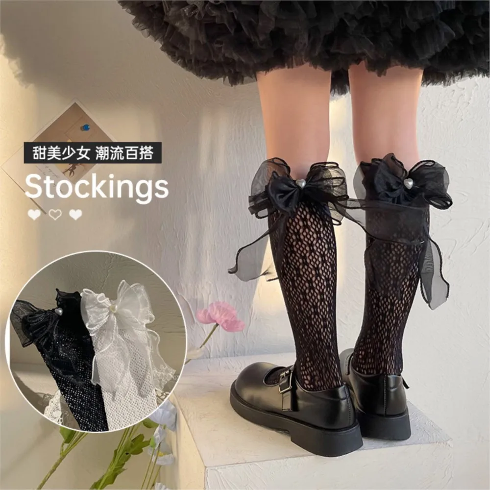 Girls socks spring and summer thin mesh stockings three yarn knot love lace baby socks sweet bow Princess socks.