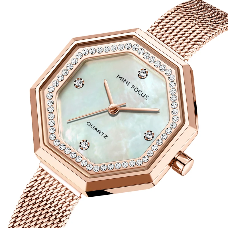 MINI FOCUS MF0304L Octagon Diamonds Watch Elegant Waterproof Blue Mesh Stainless Steel Band Women Quartz Watches