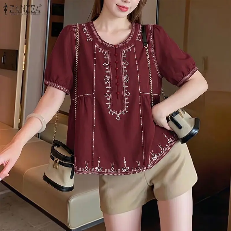 Korean Fashion Summer O Neck Short Sleeve Blouse ZANZEA Women Bohemian Printed Tops Casual Loose Work Shirt Femme Holiday Blusas