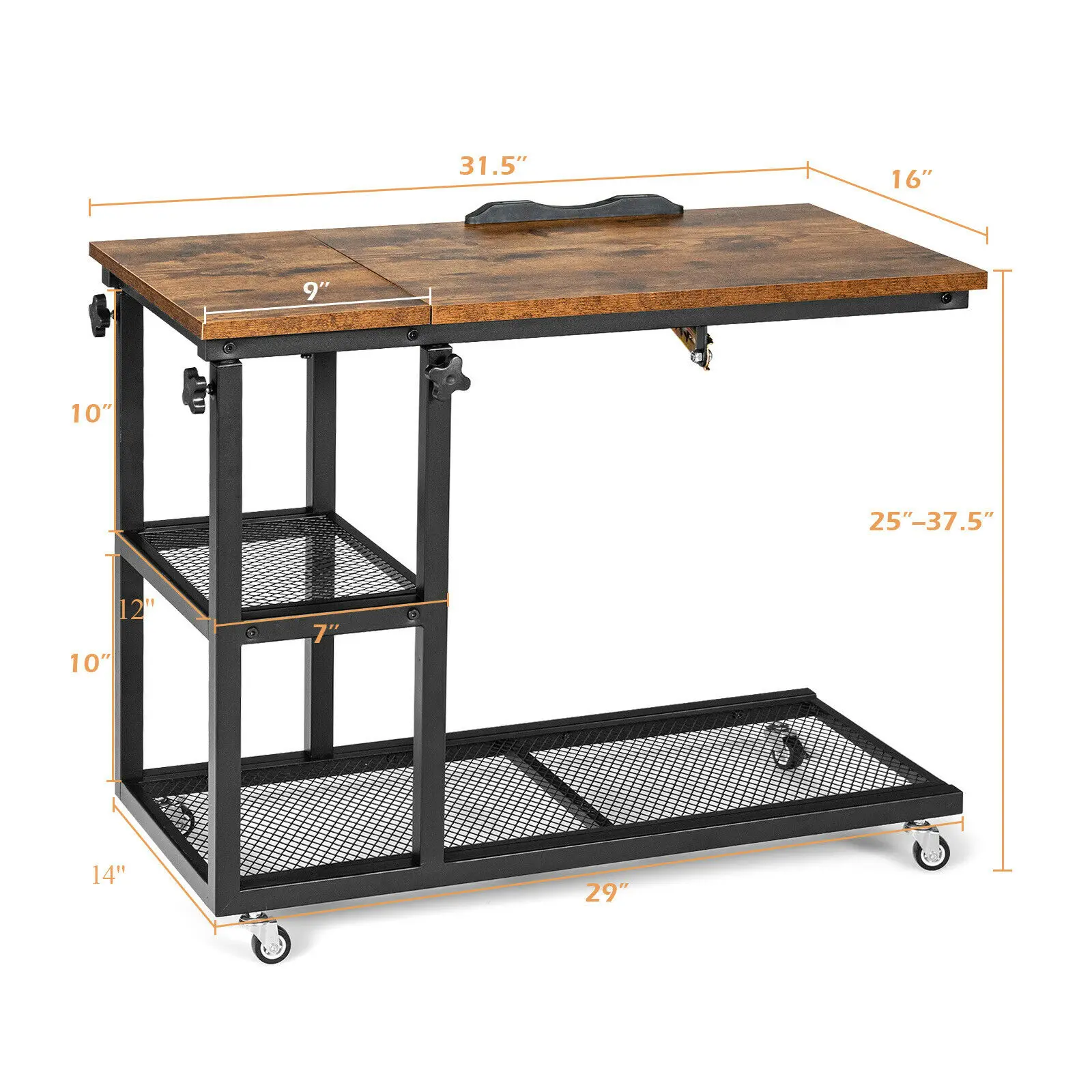 C Shaped Side Table w/ Wheels Height and Tabletop Adjustable Storage Shelf