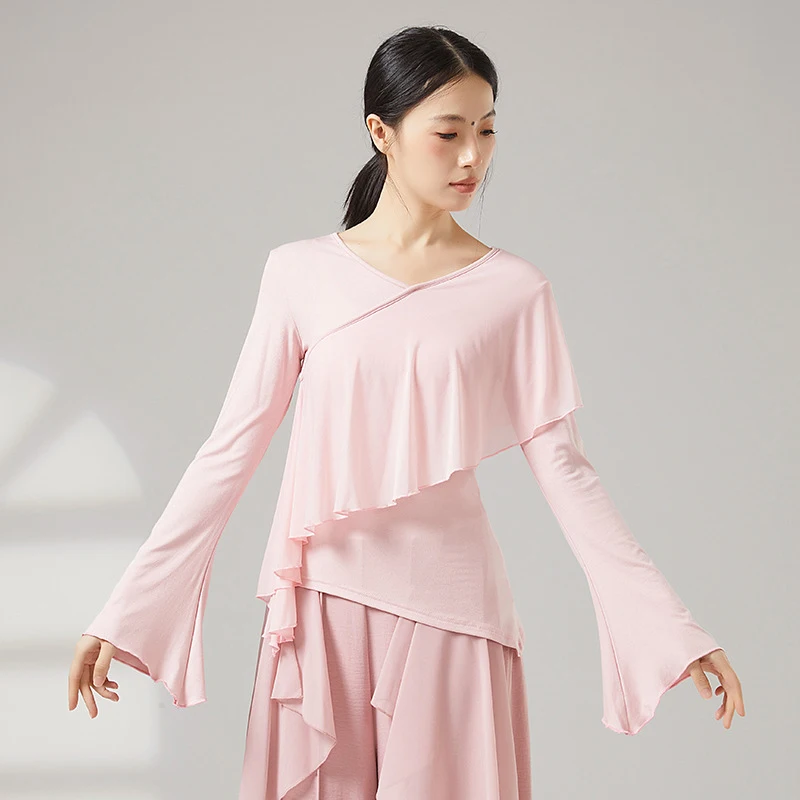 

Футболка для классических танцев для взрослых, фатиновый дизайн с расклешенными рукавами, китайский народный танец, современный танцевальный костюм для женщин