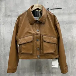 Autumn Short Genuine Leather Jacket Women Retro Sheepskin Oil Wax Leather Jacket Lapel Pocket Single-Breasted Jacket Coats Y3093