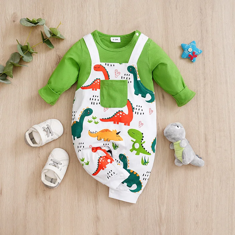 Spring And Autumn Boys And Girls Cute Cartoon Backstraps Dinosaur Printed Cotton Comfortable Long Sleeve Baby Bodysuit