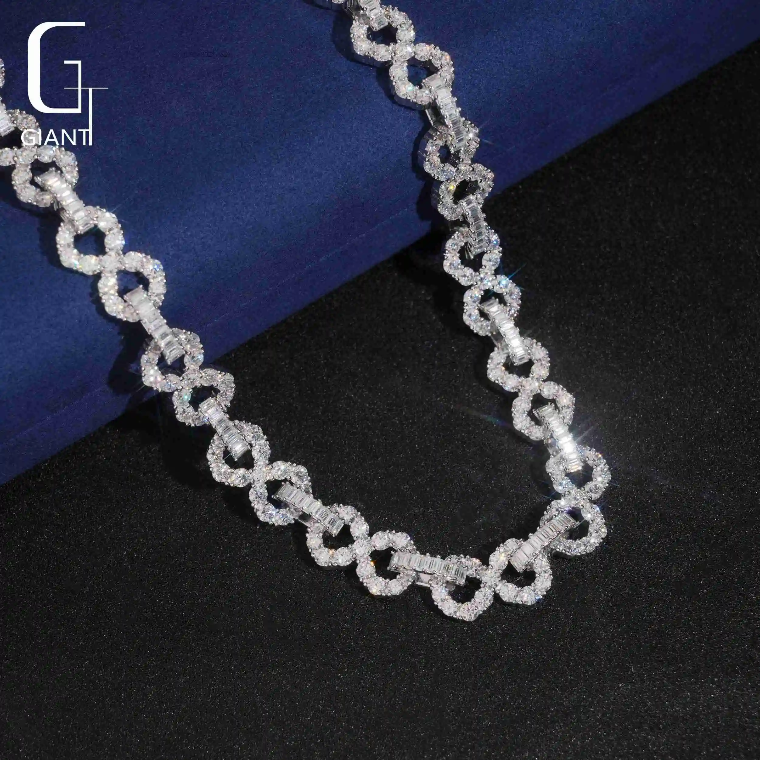 Moissanite Chain Link Sterling Silver 925 Hip Hop Iced Chains Round and baguette Moissanite Chain Fashion Chains Necklaces..