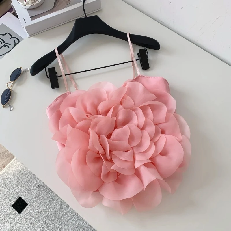 3D Floral Vacation Camis Female Strap Appliques Elastic Hotsweet Mini Top French Ruched Solid Beach Sexy Tank Top