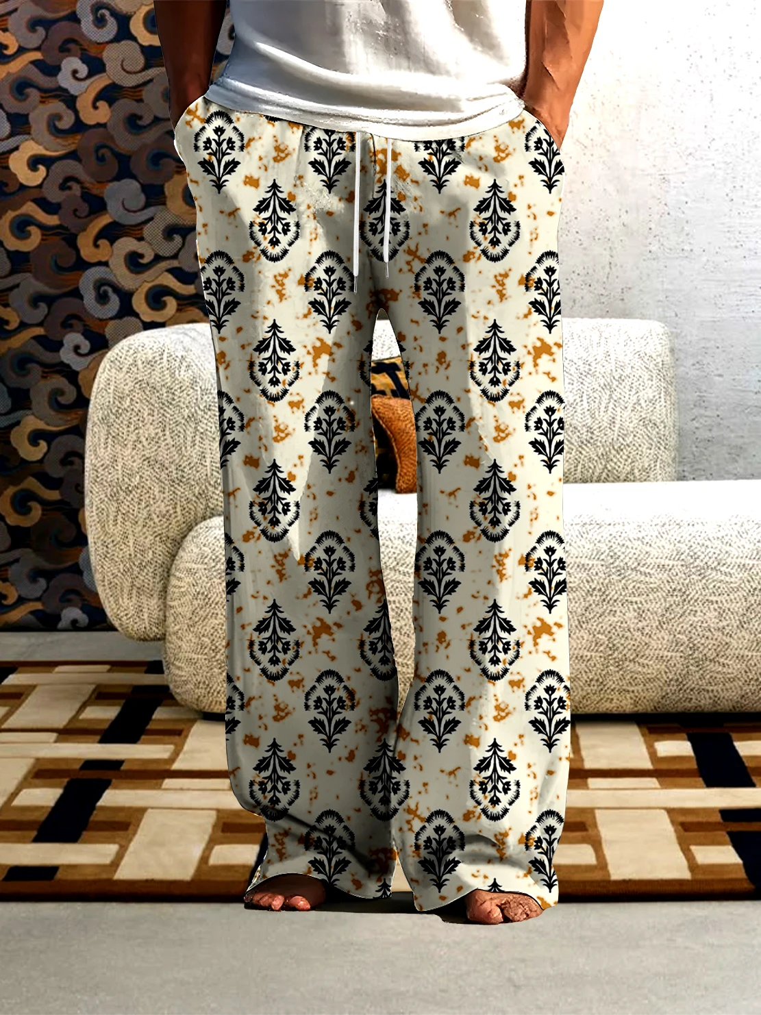 

Весенние и осенние мужские брюки с черным цветочным узором и 3D цифровой печатью, мужские повседневные брюки, удобные быстросохнущие и не выцветают.