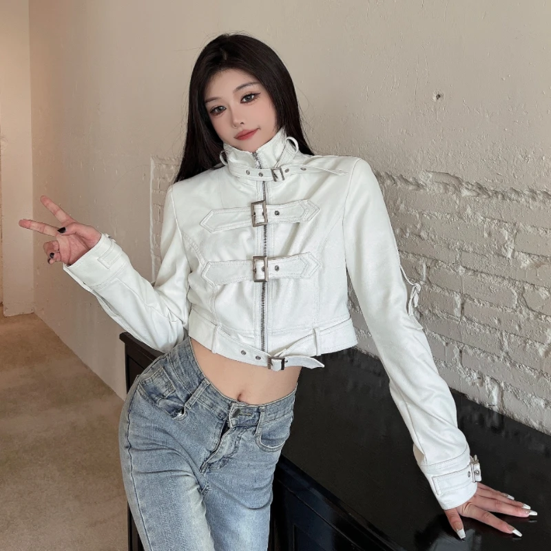 アメリカンスタイルクールショートレザージャケット女性の春ベルトデザインオートバイスタイルコートストリートジッパーストレートカット長袖