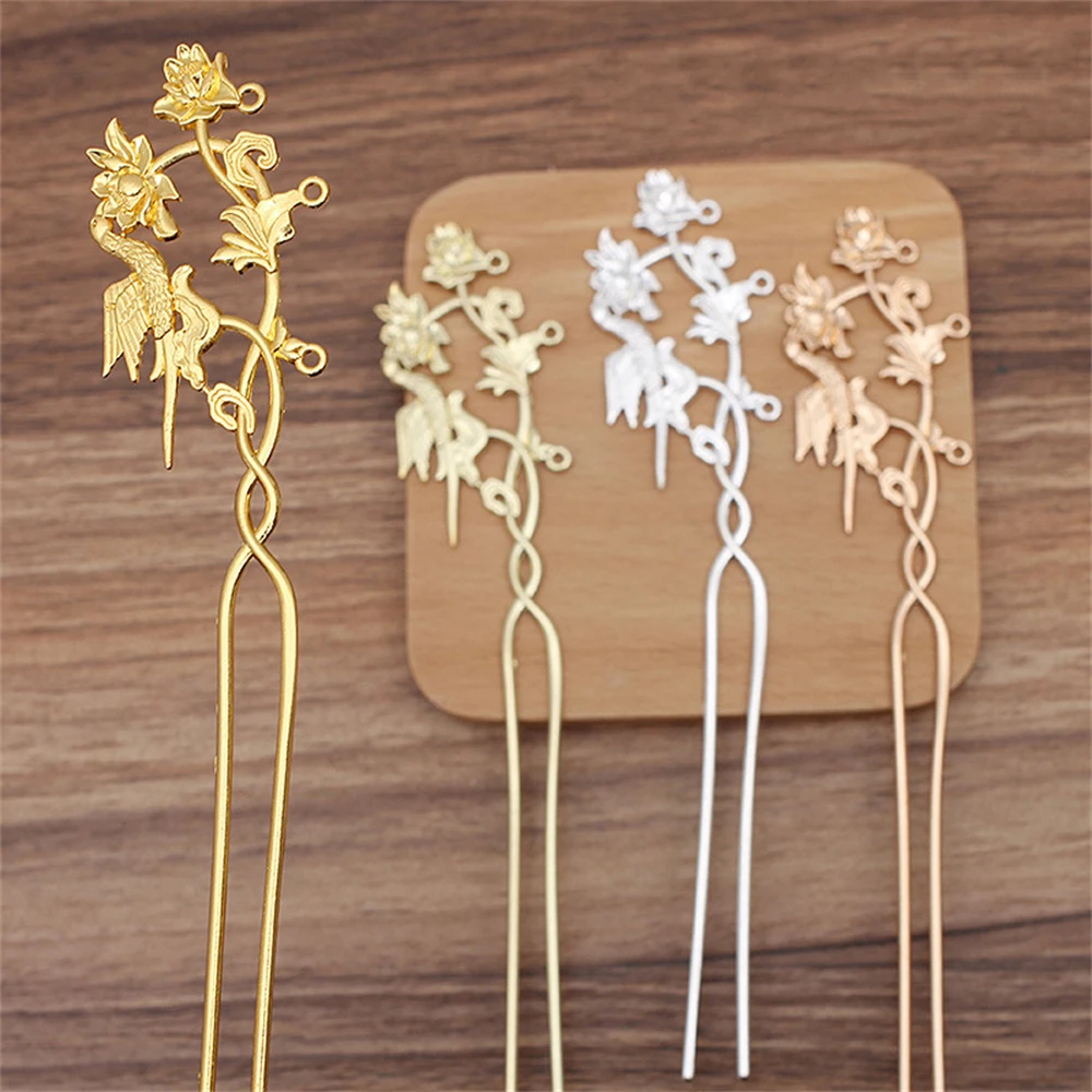 New Chinese Style Golden Flower Bird Hair Stick Retro Gun Black Double Sided Hairpin Elegant Jewelry Women Hair Accessories Gift