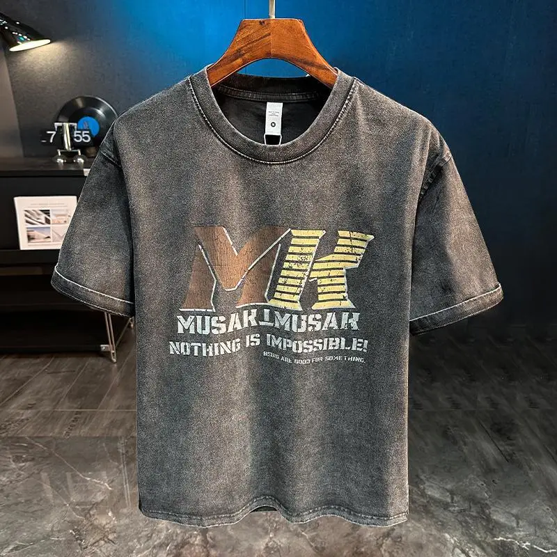 تي شيرت بأكمام قصيرة مطبوع عليه طراز ريترو للرجال في الصيف، قميص كاجوال فضفاض ثقيل الوزن نصف كم برقبة دائرية