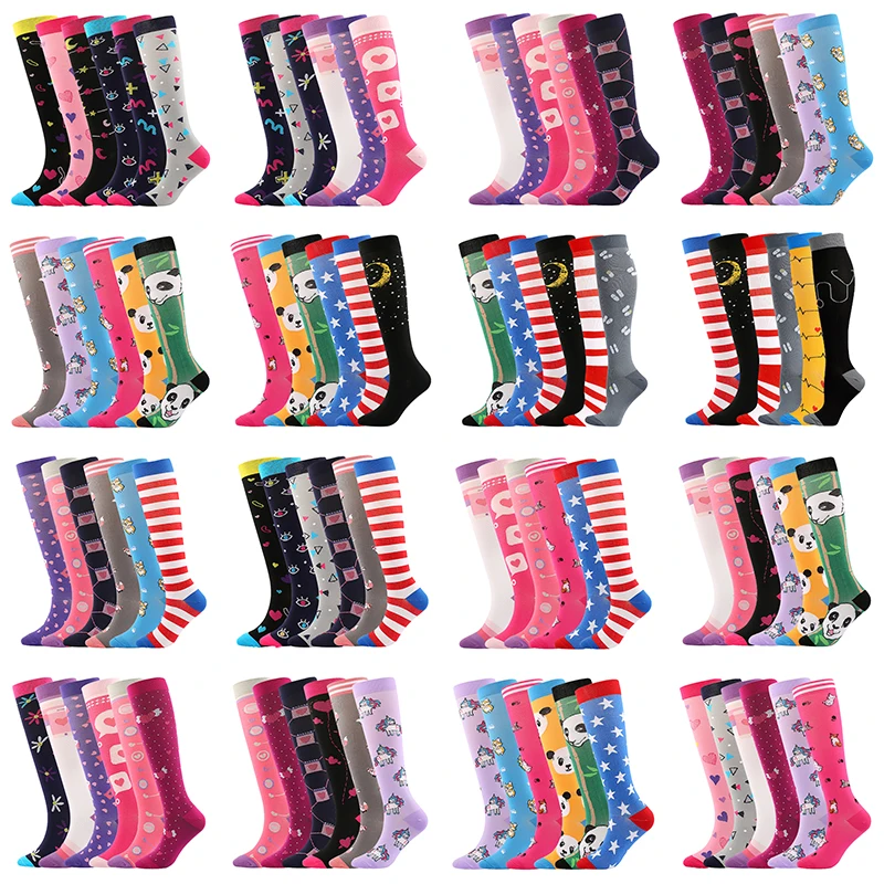 6 Pairs Compression Socks Women\'s Printed Varicose Veins Nurse Medical Pregnancy Blood Circulation Elastic Socks Sports Running