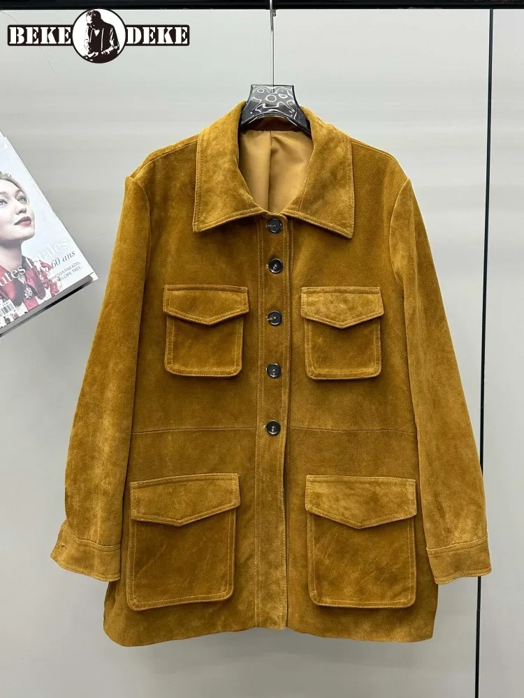 Alta qualidade camurça casaco de pele carneiro feminino único breasted médio longo primavera outono outerwear senhora harajuku jaqueta de couro genuíno