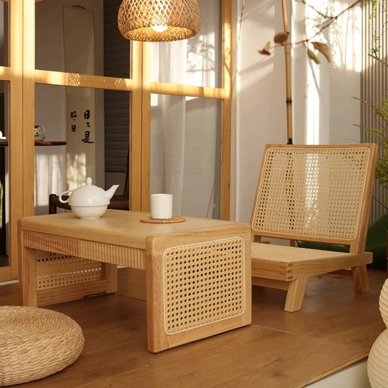 Japanese Style Tatami Floor Chairs Woven Rattan Seat with Backrest Low Lounge Sofa for Bay Window Solid Wood Balcony Stools
