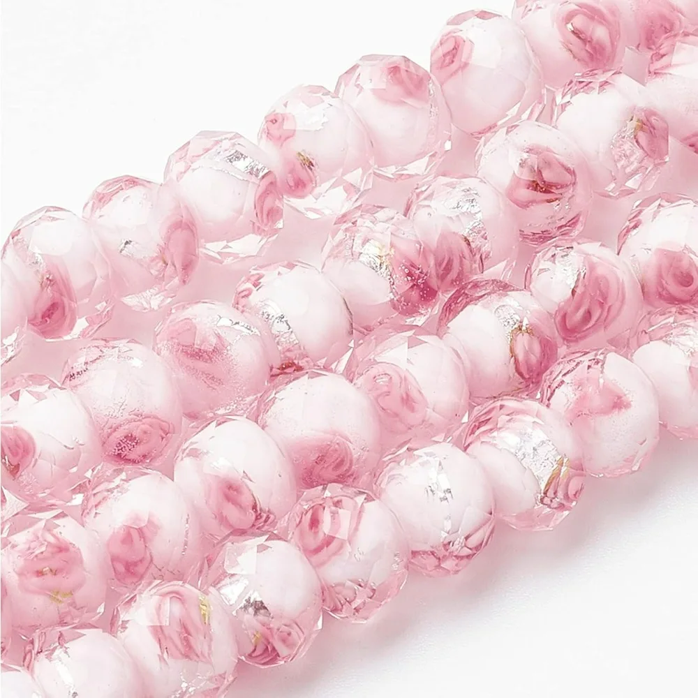 45pcs 11~12mm Pink Rose Lampwork Glass Beads Silver Foil Glass Flower Beads Floral Glass Handmade Lampwork Beads