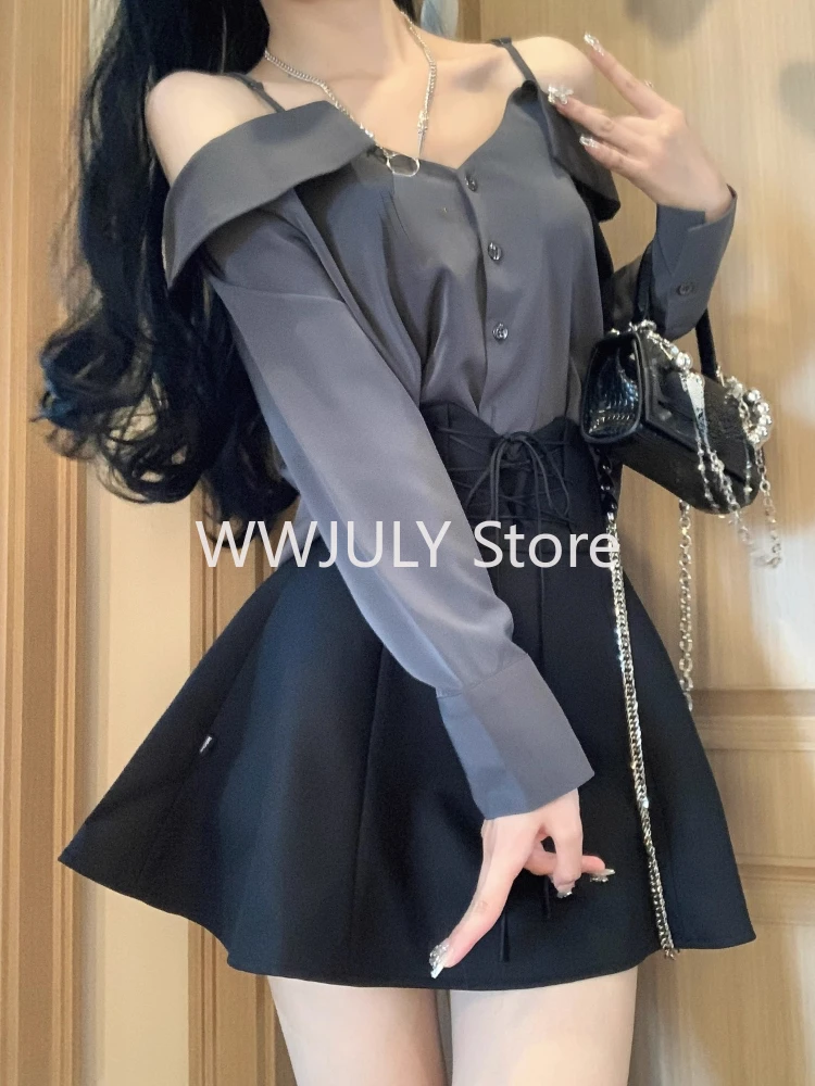 2024 New Gyaru Girl Preppy Style Outfits 2 Piece Set Fashion Strapless Slash Neck Shirt Top +Elastic Waist Bandage A-Line Skirts