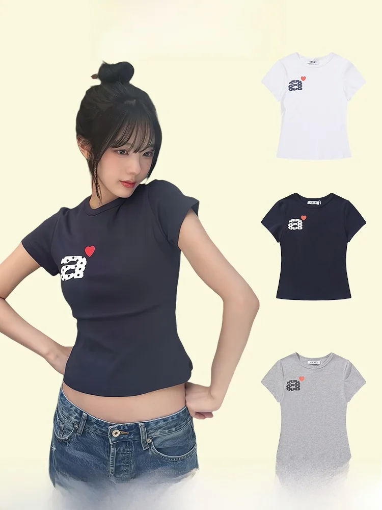 

AEAE Letter Print ort Sve T-irt Women's Summer round Ne Slim Fit Top Casual Sle Cotton Pure Fabric Low Waist