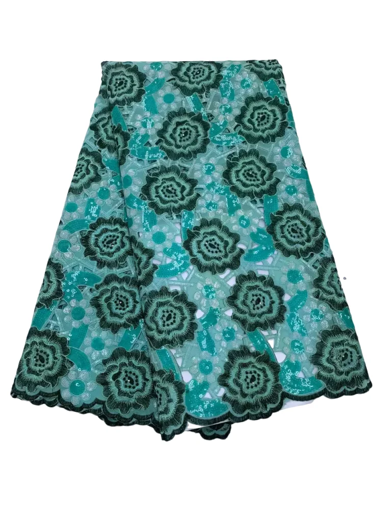Green Neat And Clean Organza Mesh Hand Cut Fabric 2025 Embroidered 5 Yards African French Net Fabric Color Sequins Dress Sewing