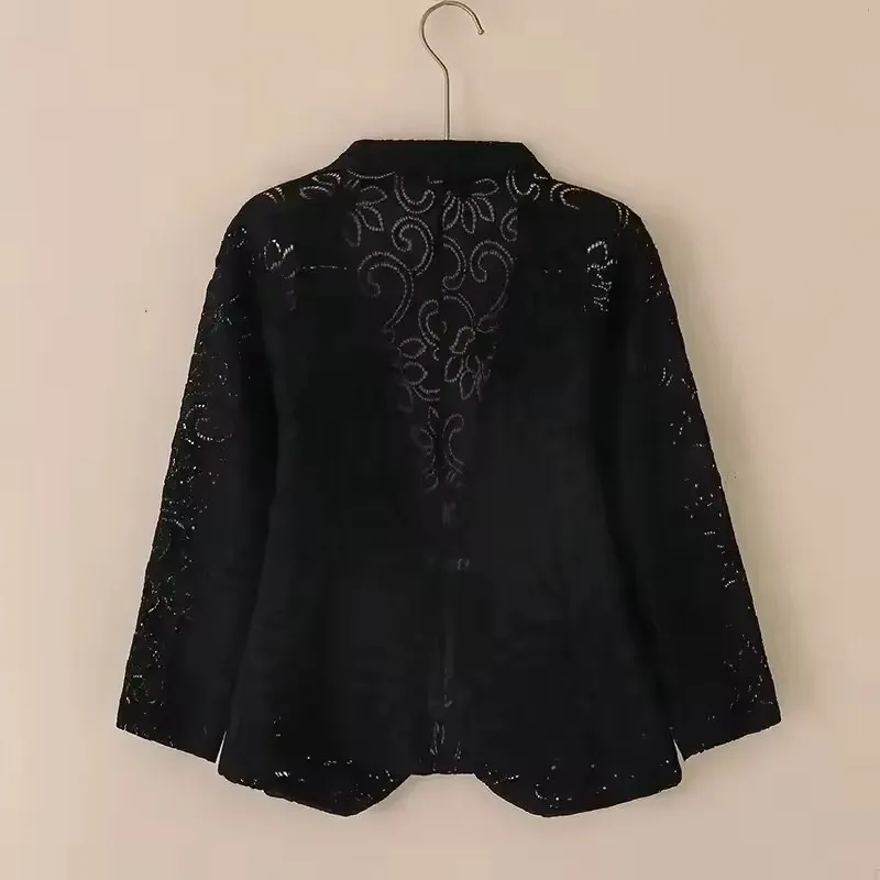 Fashion Women Blazer Thin Jacket 2025 New Spring Cardigan Hollow Lace Three-quarter Sleeve Suit Coat Ladies Sun Protection Clot