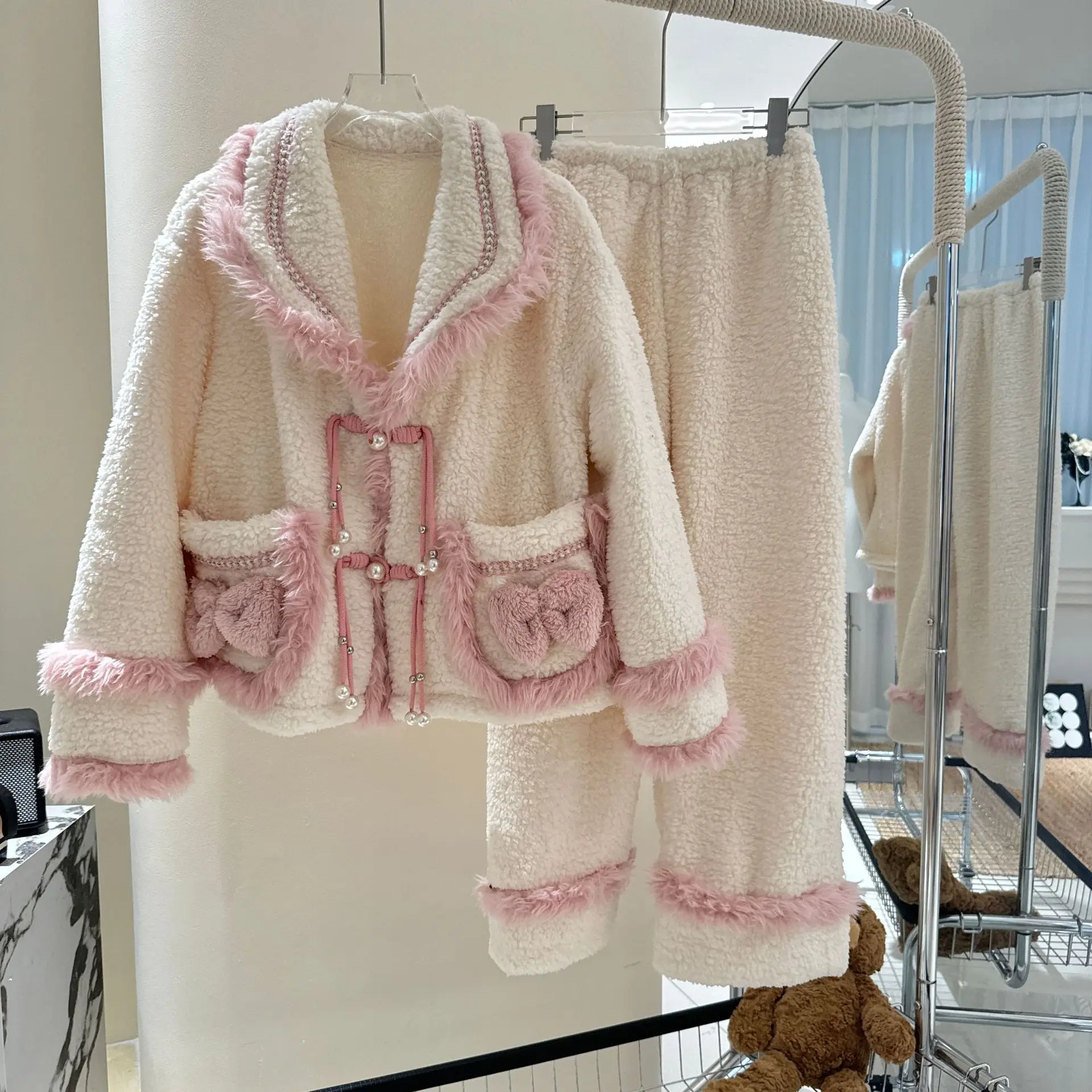 

Sweet Flannel Pajamas Warm Sleepwear Women Fleece Top Pants 2Pcs Long Sleeve Loungewear Autumn Winter Home Clothing