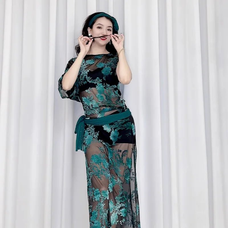 ที่กําหนดเอง Belly Dance เครื่องแต่งกาย Master สีฟ้าสีเขียว Burnt ดอกไม้เครือข่าย Robe Balaldi สไตล์พื้นบ้าน Robe Cane Dance Performance Dress