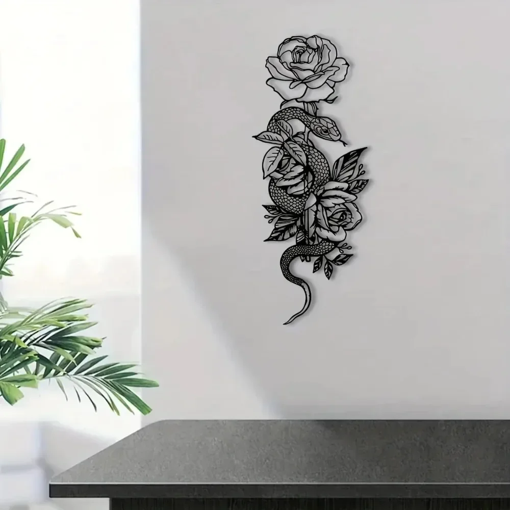 Metal Rose Snake Wall Art Aluminum Panel Iron Mural Hanging for Living Room Bedroom Balcony Garden Fence Home Decor