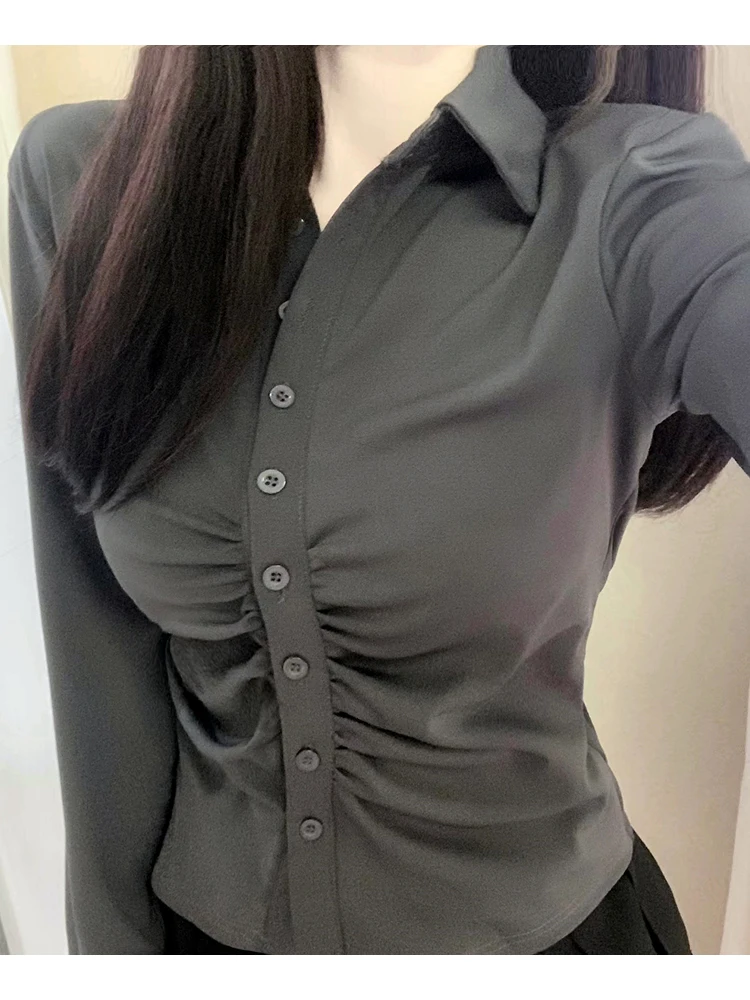 

Slim Fit Grey College Style Women's Shirt Spring Autumn Elastic Waist Cinching Slimming Pleated Top Dongda Gate Ladies Fashion