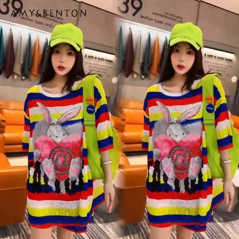 

Fashion Trendy Brand Heavy Industry Diamond Drills Rainbow Stripe Short Sleeves Summer Top Lace T-shirt And Shorts 2 Pieces Sets